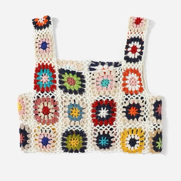 Crochet lace crop top bikini cover-up colorful patchwork cream beach summer tops - Picture 5 of 6